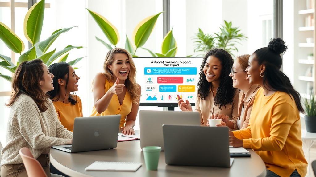 A vibrant scene depicting a diverse group of enthusiastic individuals in a modern workspace, showcasing a mix of ages and ethnicities, all deeply engaged in a collaborative brainstorming session about business grants and subsidies. The setting is a bright, airy office with large windows letting in soft natural light, plants in the background, and a sleek table filled with laptops, notepads, and coffee cups. One person, a woman in her early 30s with a joyful expression, is pointing to a computer screen displaying colorful infographics about automated government support, while others nod in agreement, embodying a sense of excitement and empowerment. The color palette includes warm tones of yellow and green, creating an atmosphere of positivity and opportunity. The composition should capture the camaraderie and enthusiasm among the group, emphasizing the theme of technological empowerment in accessing government assistance for businesses.