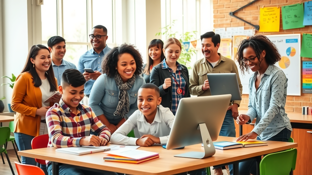 A dynamic, vibrant scene depicting a diverse group of educators and students engaging collaboratively in a modern classroom environment. The educators, in their 30s to 50s, are joyfully demonstrating innovative AI tools on sleek devices, while enthusiastic students in their teens work on personalized learning projects. The classroom is filled with colorful educational materials and technology, bathed in bright, natural light coming through large windows. A sense of excitement and motivation permeates the air, showcasing interaction and genuine smiles among the participants. The setting reflects a harmonious blend of technology and hands-on learning, with elements such as smart boards, flexible seating areas, and creative displays of student work contributing to the vibrant atmosphere. The overall mood is uplifting and inspiring, emphasizing empowerment through technology and collaborative learning approaches.
