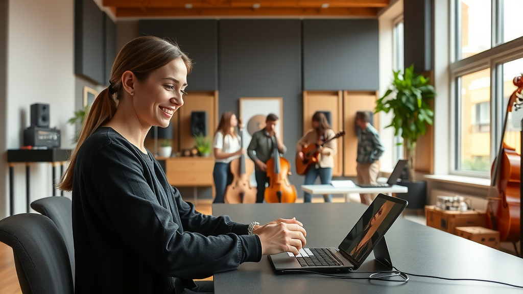 A modern and inviting recording studio interior featuring a focused young woman in her late 20s, with a friendly expression, effortlessly managing her projects using a tablet at a sleek, organized desk. The room is filled with soft natural light streaming through large windows, showcasing acoustic panels and musical instruments in a harmonious layout. In the background, a small group of musicians collaborate joyfully, laughing and enhancing their creativity. The color palette includes warm woods and vibrant greens from indoor plants, evoking a sense of calm and inspiration. The scene captures the essence of technology simplifying work processes, fostering creativity and collaboration in a serene environment.