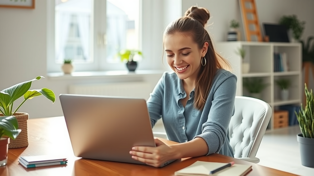 A focused shot of a young woman in her late 20s, sitting at a neat desk in a bright, modern home office, engaging enthusiastically with her laptop showing data analytics and automation tools. She has a look of determination and joy on her face, illuminated by soft natural light streaming through a window. Surrounding her are plants and a notepad with ideas, reflecting a harmonious blend of technology and personal growth. The mood is energizing and positive, symbolizing improvement in efficiency and the liberation that comes from effective automation and fact-checking processes.