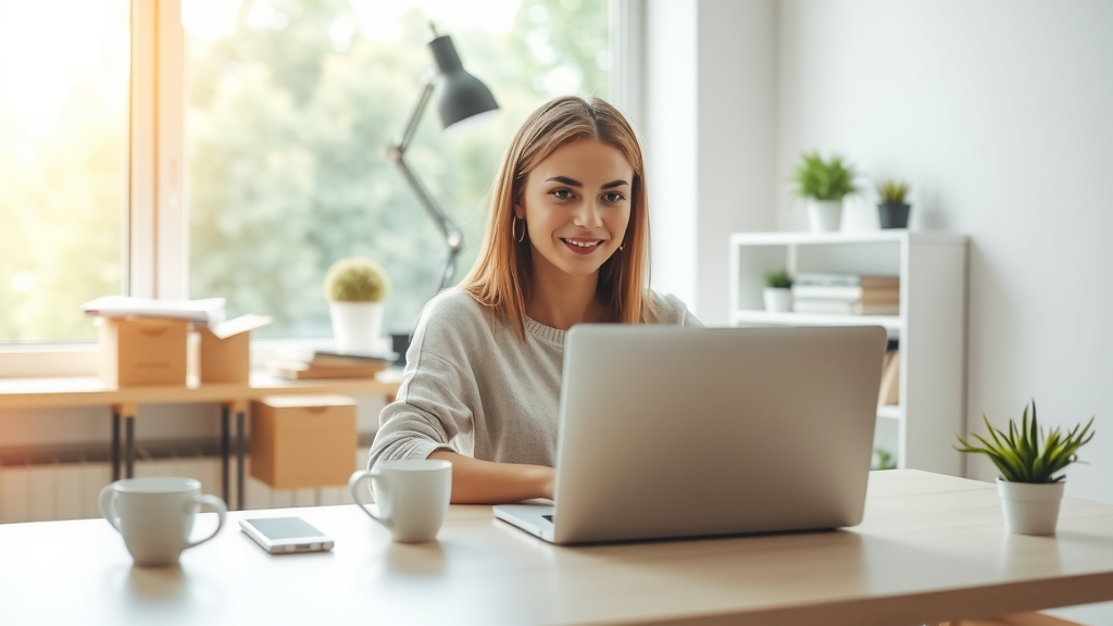 A serene and inspiring image of a young woman in her early 30s sitting comfortably at a minimalist home office desk, her expression calm and content as she reviews her work on a sleek laptop. The workspace is bathed in soft natural light streaming through a large window, with lush greenery visible outside. A coffee mug sits beside her, and a small potted plant decorates the desk. In the background, a subtle contrast shows a cluttered desk from a previous chaotic work-life (blurred), while the foreground radiates a sense of peace and clarity. The color palette is warm and inviting, encapsulating a harmonious balance between work and relaxation, symbolizing personal growth and stress relief through automation and task delegation.