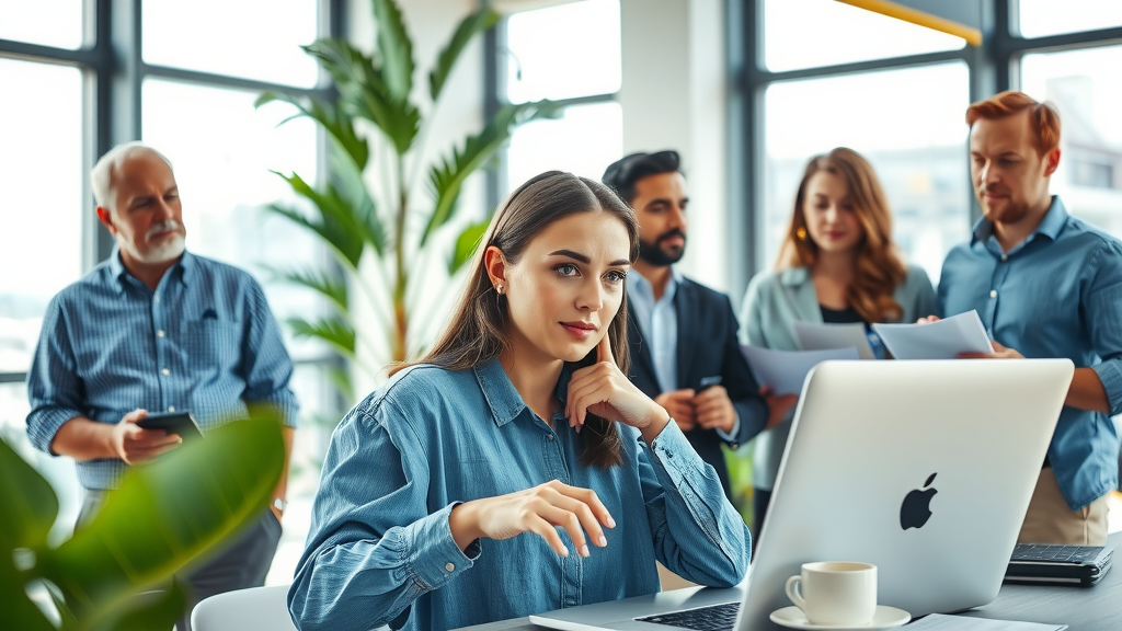 A dynamic scene showcasing a diverse group of professionals in a modern, bright office environment. The main focus is on a woman in her early 30s with a look of realization on her face as she engages with a digital interface on her sleek laptop, suggesting automation. Surrounding her are three colleagues, a man in his late 40s, a woman in her late 20s, and a man in his mid-30s, each displaying expressions of interest and enthusiasm while discussing workflow improvements. The setting is filled with plants and natural light pouring in from large windows, creating an atmosphere of innovation and collaboration. The color palette features blues and greens, symbolizing balance and calmness, while the composition includes a mix of medium close-ups and wide-angle shots to highlight both the individuals and the open workspace. In the background, there are subtle elements representing routine, such as sticky notes and paperwork, contrasting with the bright, efficient tools of automation. This scene captures a pivotal moment of transformation and the hope of embracing new strategies for success.
