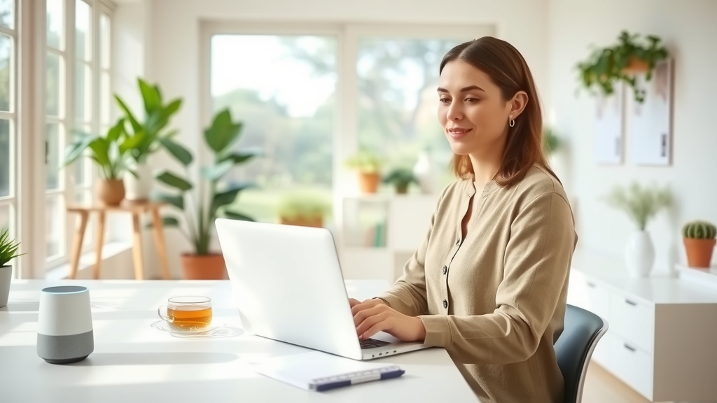 A serene workspace featuring a woman in her early 30s with a relaxed expression, confidently working on her laptop in a bright, minimalist home office adorned with plants and soft natural light streaming in through large windows. In the background, a digital assistant device subtly integrates into the environment, symbolizing the ease of automation. The desk is organized, with a notebook and a cup of tea, highlighting a stress-free work-life balance. This scene captures the essence of overcoming technophobia, showcasing a harmonious blend of technology with personal well-being and empowerment. The overall mood is uplifting and calm, evoking a sense of freedom and trust in embracing automation.