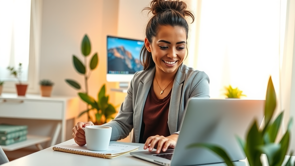 A focused and dynamic scene of a young woman in her late 20s, wearing casual yet stylish clothing, sitting at a modern desk in a bright, minimalist home office. She has a look of concentration and satisfaction on her face as she effortlessly navigates her laptop, surrounded by notes and a cup of coffee. The workspace is filled with indoor plants, warm natural light pouring in through large windows, creating an inviting atmosphere. In the background, a soft focus on vibrant screens shows social media platforms being managed seamlessly, suggesting the integration of technology in her social media marketing efforts. The composition should be a slightly elevated angle, capturing her engaged demeanor as she employs automation tools to simplify her work, embodying a harmonious balance of productivity and personal joy. The overall mood is energetic yet calm, with a fresh color palette of greens and blues, evoking inspiration and empowerment.