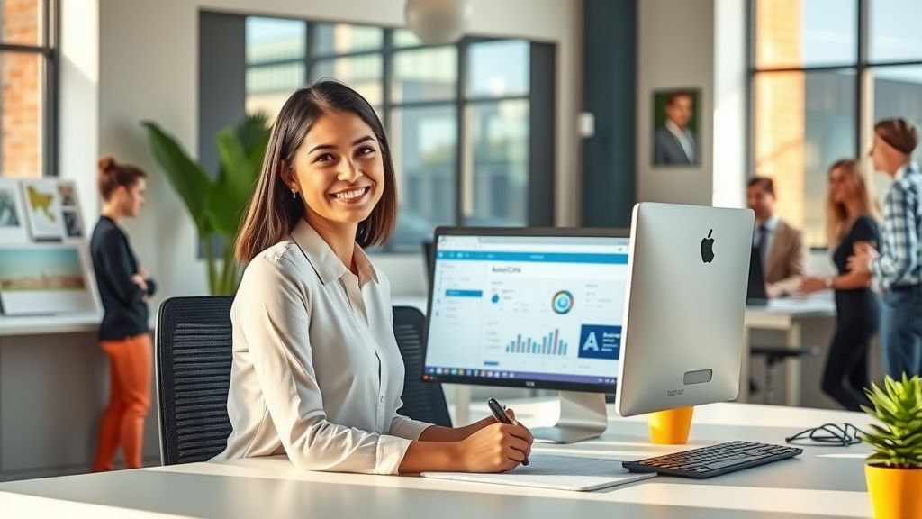 A modern, bright office space featuring a woman in her early 30s with a confident smile, seated at a sleek desk with two computer screens showcasing the Make.com and AmoCRM interfaces, soft natural light streaming through the large windows, plants adding a touch of greenery, and an organized workspace that conveys efficiency and empowerment. In the background, a small group of diverse professionals in their late 20s are engaged in a collaborative discussion, reflecting teamwork and innovation. The mood is vibrant and inspiring, embodying the theme of automation and effective business integration for increased productivity and success.