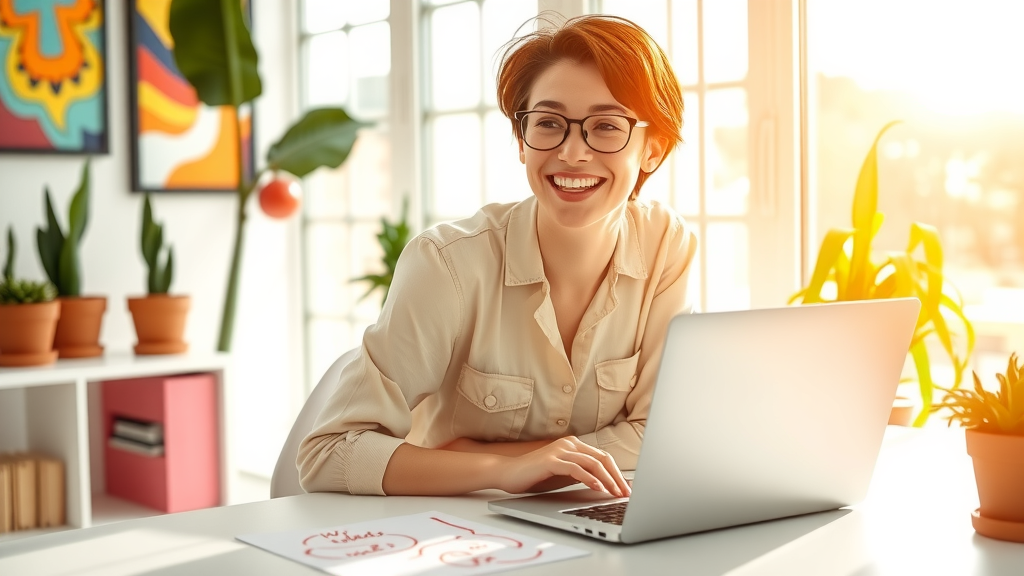 A cheerful young woman in her late 20s, with short hair and glasses, is joyfully engaged in a vibrant and modern workspace decorated with plants and colorful artwork. She is sitting at a sleek desk, using her laptop with a smile on her face as she explores digital applications on the screen. Sunlight streams through a large window, illuminating her relaxed posture and creating a warm, inviting atmosphere. On her desk, there are notes and diagrams related to webhooks and APIs, symbolizing creativity and simplicity in learning technology. The overall mood is energetic and inspiring, reflecting a sense of freedom in mastering new skills without programming.