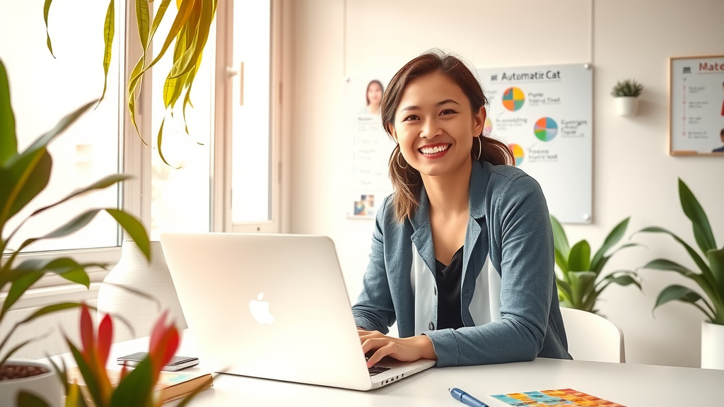 A dynamic and engaging scene featuring a young woman in her late 20s, sitting at a sleek, minimalist workspace filled with plants and natural light streaming in through a large window. She is smiling broadly while interacting with a laptop displaying a vibrant chat interface, symbolizing her connection with ChatGPT and Make.com. Soft, warm light bathes the room, creating an inviting atmosphere that evokes feelings of empowerment and productivity. In the background, a large whiteboard is visible with colorful notes and diagrams reflecting automation processes, enhancing the theme of innovation. The overall mood is bright and inspiring, illustrating the harmony of technology and personal growth, with hints of creativity and the joy of boosting sales through automation intertwined seamlessly with her personal life.