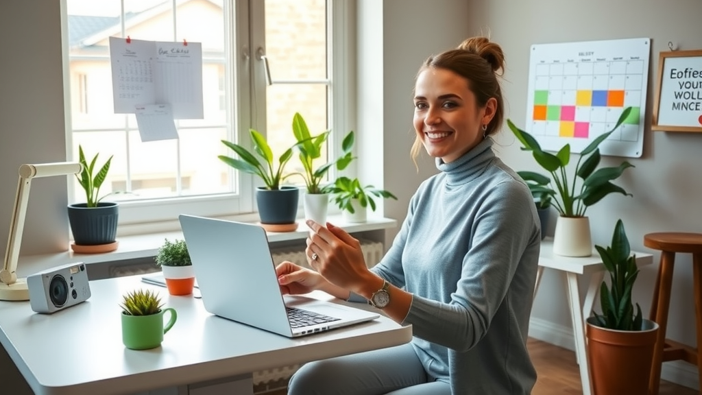 A cozy and inviting workspace featuring a woman in her early 30s with a warm smile, sitting at a minimalist desk adorned with plants and a laptop, effortlessly managing her online school. The room is filled with soft natural light streaming in through a large window, creating a serene atmosphere. In the background, a calendar with colorful notes indicates scheduled tasks, symbolizing efficient organization. Her relaxed posture suggests a calm and balanced approach to work, while a small whiteboard with motivational quotes adds a touch of inspiration. The overall mood is uplifting, showcasing the positive impact of automation in simplifying educational processes.