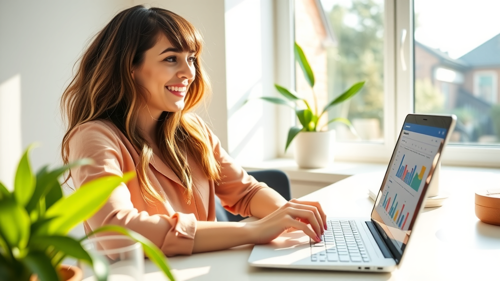 A focused, vibrant scene of a young professional woman in her early 30s sitting at a modern, clean desk in a bright home office, smiling as she works on her laptop with Google Sheets open. She has a notepad beside her, filled with colorful charts and graphs, symbolizing efficient data collection. Sunlight streams in through a large window, illuminating greenery from a potted plant on her desk, creating an inviting and peaceful atmosphere. The composition is a close-up, highlighting her relaxed posture and genuine happiness as she effortlessly integrates technology into her work-life balance. The overall mood is vibrant and energetic, representing the freedom and empowerment gained through automation.