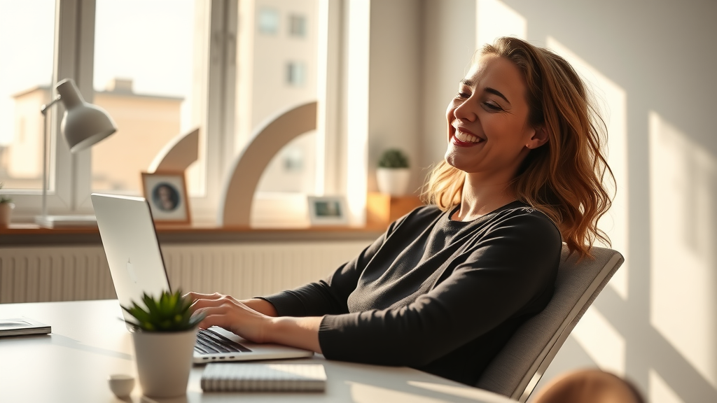 An inspiring image of a woman in her early 30s, with a joyful expression, sitting at a minimalist workspace in her bright, airy home office. She is engaged in a video call with a digital assistant displayed on her laptop screen, showcasing a friendly interface. Sunlight streams through large windows, illuminating a clean desk adorned with a small potted plant and a notepad filled with creative ideas. The woman leans back in her chair, visibly relaxed as she delegates tasks to her digital assistant, embodying the essence of work-life balance. The mood is vibrant and empowering, with warm tones highlighting the sense of freedom and efficiency in her life. The composition features a close-up angle, capturing her smile and the welcoming environment around her.