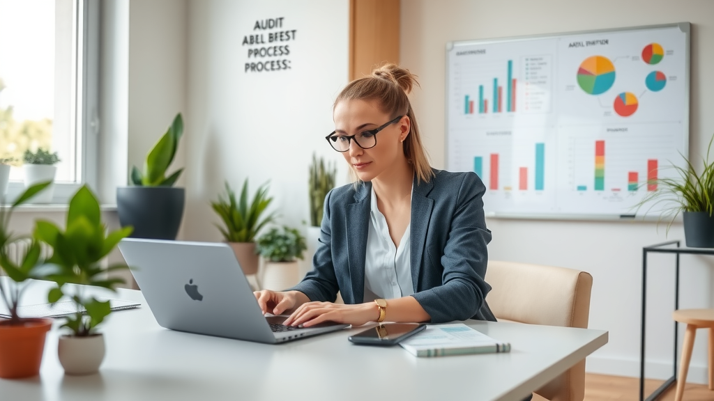 A focused and attentive businesswoman in her early 30s, wearing smart casual attire, is sitting at a clean, minimalistic desk in a bright and airy home office. She is deeply engaged in analyzing colorful charts and reports on her laptop, with a look of determination and insight. Soft natural light pours in through a large window, illuminating the space filled with plants and motivational quotes on the wall. In the background, a whiteboard with process diagrams can be seen, signifying her efforts to audit and improve business processes. The overall atmosphere is one of productivity and clarity, evoking a sense of purpose and empowerment in her work.