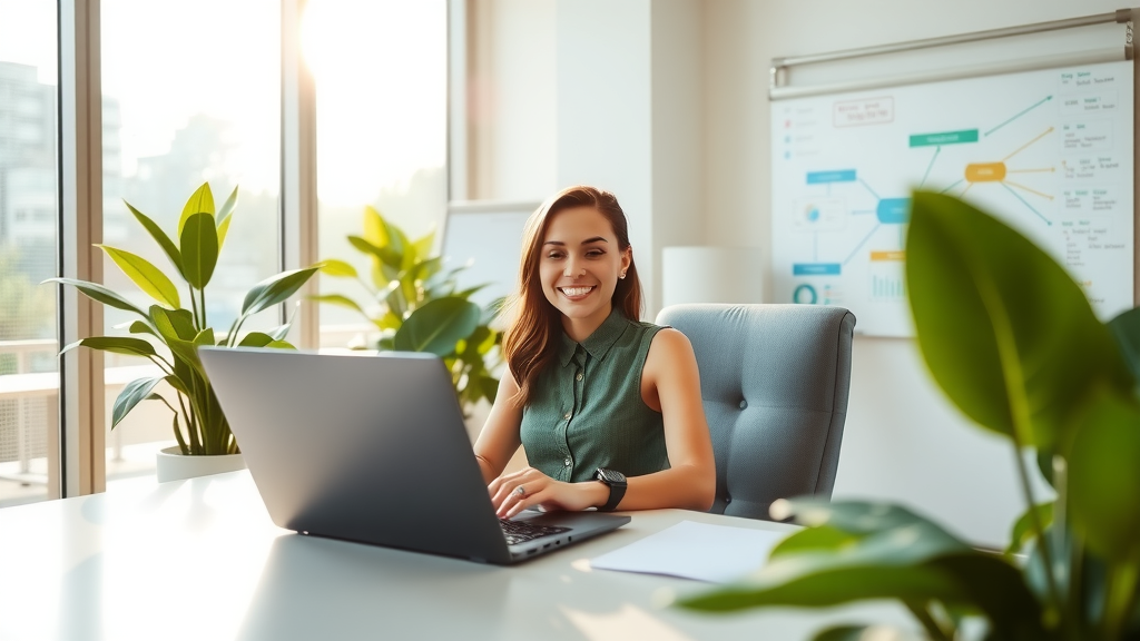 A modern office space with a young professional woman in her early 30s, dressed in smart casual attire, sitting at a sleek, minimalist desk. She is focused and smiling while analyzing flowcharts and reports on her laptop, surrounded by lush green plants that bring life to the space. The afternoon sunlight streams through large windows, creating a warm and inviting atmosphere. In the background, a whiteboard is filled with colorful notes and mind maps illustrating streamlined business processes. The composition is an eye-level shot, showcasing her feeling empowered and productive, symbolizing the benefits of automation and optimization in work-life balance. The color palette is bright and airy, evoking a sense of clarity and purpose.