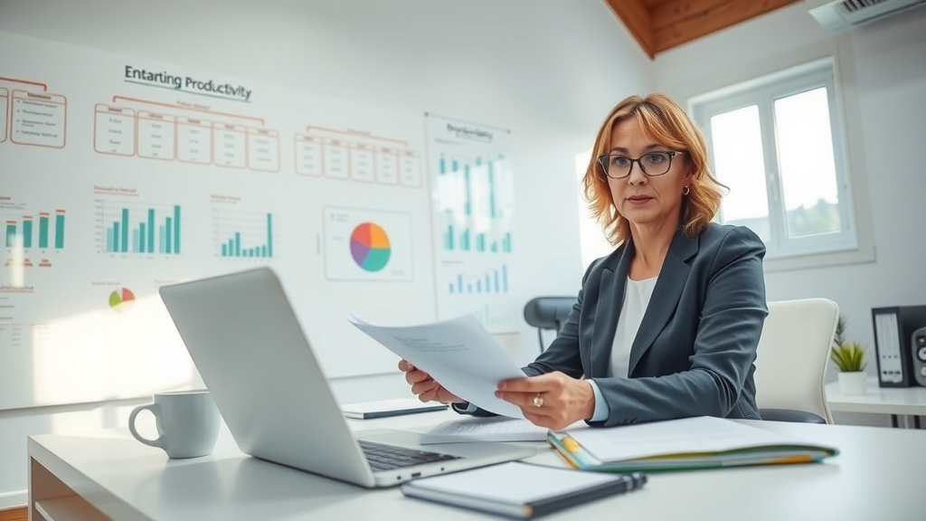 A focused eye-level shot of a middle-aged woman in a smart casual outfit, examining documents at a sleek, modern office desk cluttered with notes and a laptop, displaying a thoughtful expression as she identifies areas for improvement in a bright, well-lit workspace. In the background, a large whiteboard filled with flowcharts and productivity graphs emphasizes a sense of organization and efficiency. The mood is serious yet hopeful, with soft natural light streaming through the window, symbolizing clarity and the pursuit of enhanced productivity. A coffee mug and a small plant on the desk add a touch of warmth to the scene, embodying a balance between professional rigor and personal comfort.