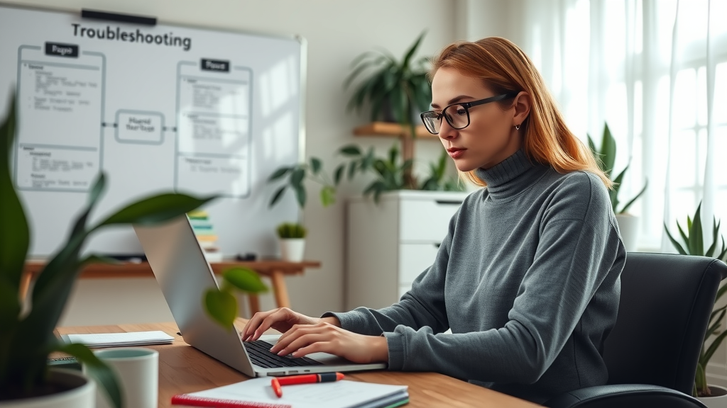 A focused, high-angle shot of a young woman in her late 20s, wearing casual attire and glasses, intently working on her laptop in a bright, minimalist home office filled with plants and soft natural light. She has a look of determination as she navigates through a screen showing troubleshooting tips, surrounded by neatly arranged notes and a coffee mug. A serene atmosphere conveys a sense of calmness and empowerment, reflecting the joy of overcoming challenges. In the background, a whiteboard with diagrams and flowcharts hints at the complexity of automation, while rays of sunlight create a warm and inviting mood, illustrating the balance between work and personal growth.