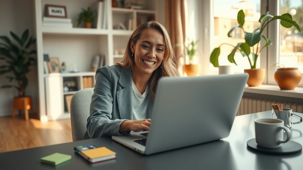 A cozy home office setting where a woman in her early 30s, wearing comfortable casual clothes, sits at a sleek desk with her laptop open, displaying the make.com interface. She has a look of excitement and curiosity as she explores automation tools, her expression radiating joy and empowerment. Sunlight filters through a large window, illuminating plants on the windowsill and a neatly arranged workspace. On the desk, there are colorful sticky notes and a coffee mug, symbolizing creativity and productivity. The composition is eye-level, capturing her engaged posture and the inviting atmosphere that merges work with personal fulfillment, emphasizing a stress-free and harmonious work-life balance. The overall color palette is warm and inviting, evoking feelings of calmness and enthusiasm.