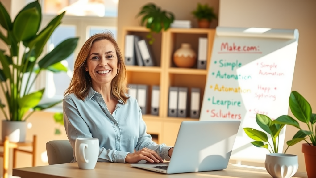 A bright, inviting workspace showcasing a mid-30s woman with a cheerful expression, sitting at a modern desk with a laptop open in front of her, demonstrating automation tasks on Make.com. She is wearing casual, comfortable clothing and has a coffee cup beside her. The room is filled with lush indoor plants and sunlight streaming through a large window, creating a warm atmosphere. A whiteboard behind her outlines simple automation steps in colorful markers, symbolizing clarity and ease in learning. The composition includes a view of organized shelves with books and creative supplies, conveying a sense of empowerment and productivity without stress. The mood is vibrant and hopeful, reflecting the joy of mastering new skills without programming knowledge.