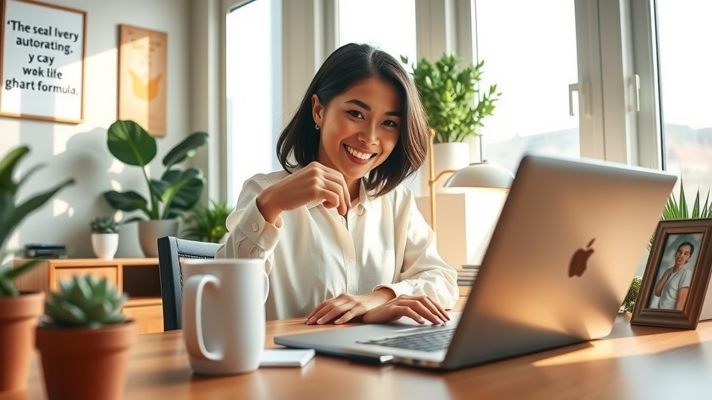 A professional woman in her early 30s with an engaging smile, sitting at a beautifully organized home office desk, reviewing a simple ROI formula on her laptop, with charts and graphs on the screen. The setting is bright and airy, filled with natural light streaming in through large windows, casting soft shadows. Plants and motivational quotes adorn the workspace, enhancing the atmosphere of productivity and positivity. The camera angle is slightly low, showcasing the focus and empowerment in her expression, surrounded by elements that symbolize freedom and effective work-life balance, such as a calming coffee mug and a family photo on the desk. The color palette features warm tones, creating a welcoming and inspiring mood, reflecting the theme of saving time and resources through automation.