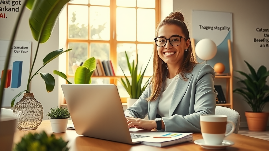 A focused eye-level shot of a mid-30s female SMM specialist, dressed in a smart-casual outfit, smiling as she works on a sleek laptop in a modern, bright workspace filled with plants and motivational quotes on the walls. Sunlight streams through large windows, illuminating her relaxed posture and the creative tools around her, like a notepad with colorful sketches and a coffee cup. In the background, a poster displays graphs illustrating growth and success, symbolizing the benefits of automation and AI in her career. The overall mood is vibrant and optimistic, evoking a sense of empowerment and professional fulfillment.