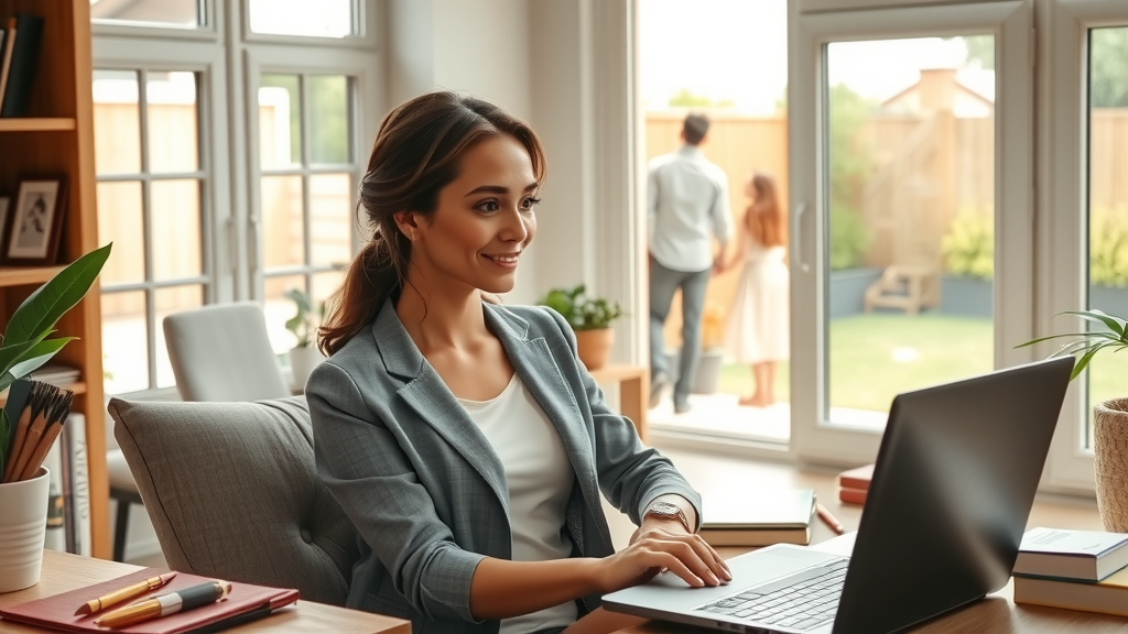 A serene and inspiring image of a professional woman in her early 30s, dressed in smart-casual attire, sitting comfortably in a beautifully organized home office. She is looking thoughtfully at her laptop screen with a gentle smile, embodying trust and calmness, illuminated by soft, natural light streaming through large windows. The office features plants, personal photographs, and elegant stationery, creating a warm and inviting atmosphere. In the background, a faint view of a family enjoying quality time together in the garden adds a layer of joy and togetherness. The color palette is warm and soothing, with earthy tones promoting a sense of balance and tranquility, demonstrating a smooth integration of technology and personal fulfillment.