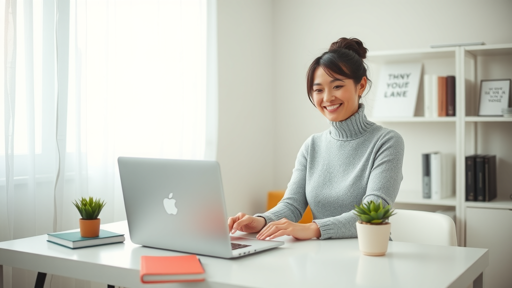 A modern coaching office with a calm atmosphere, featuring a mid-30s female coach with an inviting smile, sitting at a clean, minimalist desk while using a laptop. The desk has a few colorful notebooks and a small plant, symbolizing organization and creativity. Soft natural light spills in through a window, illuminating the space and creating a warm ambiance. In the background, there are shelves with neatly arranged books and inspirational quotes. The mood is serene and empowering, showcasing the simplicity and efficiency of using technology for client management, allowing the coach to focus more on personal interactions. The composition is an eye-level shot, capturing both the coach's warm expression and the orderly, inviting workspace.