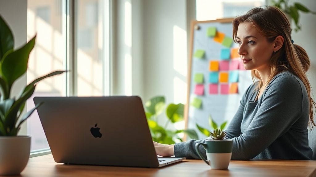 A focused close-up shot of a woman in her early 30s with a look of concentration, working on a laptop in a bright, minimalist home office filled with green plants. The scene captures her engaging with a detailed spreadsheet or flowchart on the screen, highlighting her efforts to optimize operations and reduce expenses. Soft natural light streams through a large window, illuminating her relaxed posture and showcasing a sense of calmness and empowerment. In the background, a notice board is filled with colorful sticky notes and reminders, symbolizing her organized approach to work. The overall mood is one of productivity and creative problem-solving, with a neat desk featuring a coffee cup and a small succulent enhancing the atmosphere of focus and inspiration.