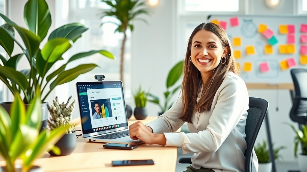 A bright and modern workspace featuring a young woman in her early 30s with an enthusiastic smile, seated at a sleek desk filled with tech gadgets, including a laptop displaying a vibrant interface of automation software. She is engaged in a video call with a small business owner, showcasing a shared screen with graphs and workflows. The environment is filled with plants, natural light streaming through large windows, creating an airy and inviting atmosphere. In the background, a whiteboard filled with colorful sticky notes and brainstorming diagrams reflects a dynamic and innovative workspace. The composition is a wide shot, capturing both the woman’s joyful expression and the inspiring work environment, evoking a sense of empowerment and excitement about technology transforming business solutions. The overall color palette is fresh and vibrant, conveying positivity and optimism.