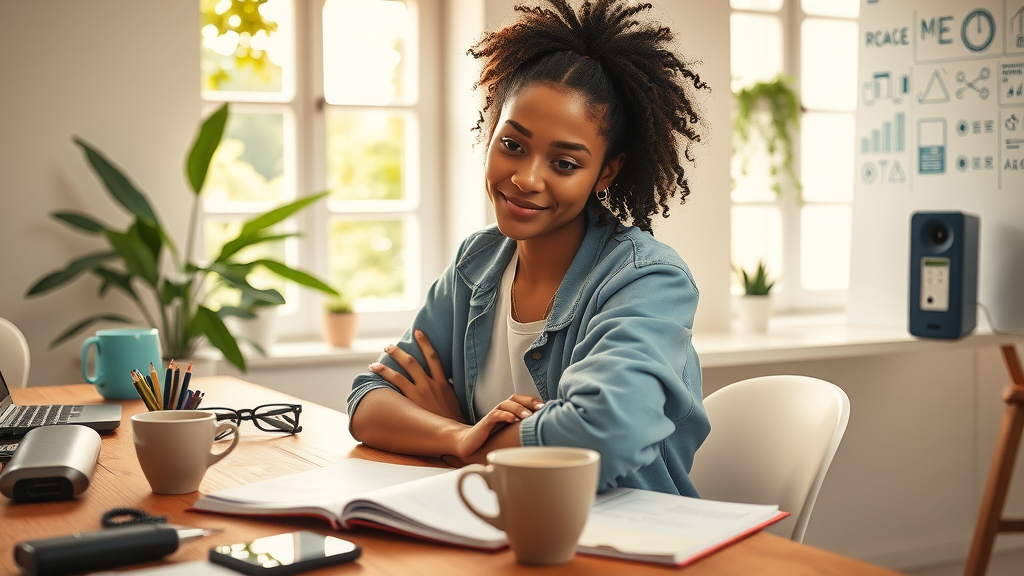 A dynamic and engaging scene depicting a young woman in her late 20s, wearing casual attire, with a focused expression as she sits at a modern desk cluttered with tech gadgets and a laptop. The setting is a brightly lit home office, featuring warm natural light streaming through large windows adorned with greenery. On the desk, open notebooks and a coffee cup can be seen, symbolizing productivity and organization. The background displays a whiteboard filled with diagrams and notes, suggesting troubleshooting methods. The overall mood is vibrant and energetic, with a color palette of soft blues and warm woods, capturing a positive vibe of determination and empowerment in problem-solving. The composition includes a close-up angle that highlights her expression of concentration and clarity in action.