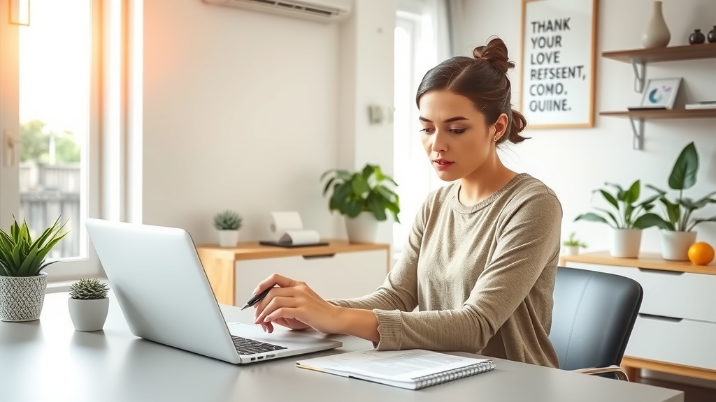 A focused scene showcasing a young woman in her late 20s sitting at a sleek, modern desk in a bright, airy home office, looking intently at her laptop while taking notes on a notepad. Her expression is one of determination and clarity as she sets up smart notifications on Telegram, symbolizing effective business management. Sunlight streams through a large window, casting a warm glow on the room filled with minimalistic decor, green plants, and motivational quotes on the wall. The composition captures her engaged and proactive disposition, with an organized workspace that embodies productivity and balance.