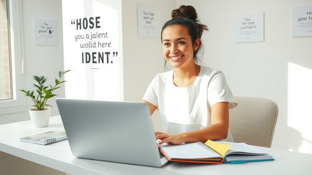 A confident young woman in her late 20s is sitting at a bright, minimalist home office desk with a laptop open in front of her, deeply engaged in a creative brainstorming session. She has a warm smile and a focused expression, surrounded by inspirational quotes on her wall and a small indoor plant, embodying personal growth and empowerment. The lighting is soft and natural, coming from a nearby window, casting a serene glow over the scene. The composition is eye-level, allowing viewers to connect with her confident demeanor. The color palette is fresh and uplifting, filled with subtle greens and whites, evoking a sense of calm and clarity. A journal and a colorful notepad filled with ideas are placed beside her, emphasizing the theme of building confidence and a personal brand in a stress-free environment.