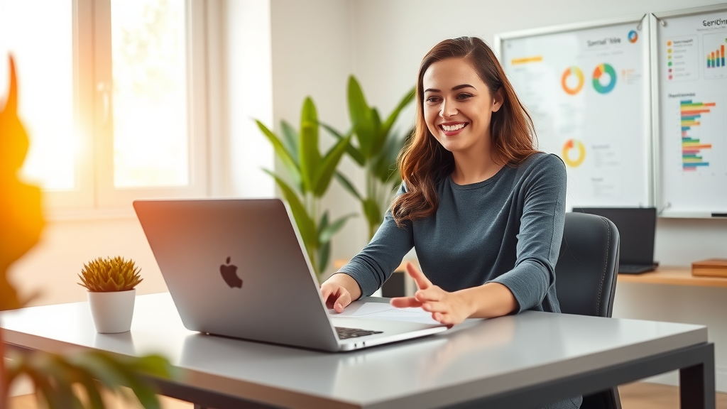 A professional woman in her early 30s with a confident smile, sitting at a sleek, modern desk in a bright and airy workspace equipped with advanced technology. She is engaging with a laptop displaying a colorful dashboard of sentiment analysis metrics, illustrating a positive work environment. The room is filled with natural light streaming through large windows, with potted plants adding a touch of greenery. In the background, a large whiteboard covered with ideas and notes reflects her organized approach to reputation management. The scene evokes feelings of empowerment and productivity, with a warm and inviting color palette, capturing the harmony between technology and personal growth. The composition is a close-up shot emphasizing her focused expression, embodying the joy of successful automation in her work-life balance.