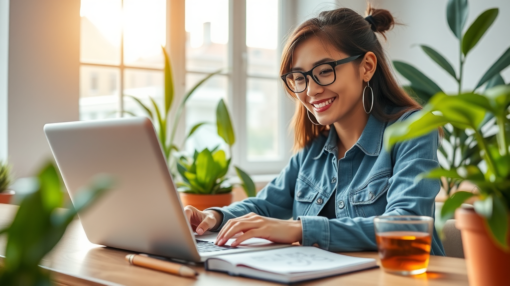 A professional and inviting scene featuring a young woman in her late 20s, dressed casually in a bright, modern workspace, focused on her laptop screen with a content smile, symbolizing creativity and productivity. The environment is filled with plants, soft natural lighting streaming through a large window, creating a serene and inspiring atmosphere. On her desk, a notebook with doodles and a cup of herbal tea can be seen, reflecting her organized yet relaxed workflow. The composition is an eye-level shot, capturing her enthusiastic expression as she engages with automation tools, embodying the theme of empowerment through technology and the joy of seamless business solutions. Bright and fresh colors enhance the feeling of optimism and innovation.