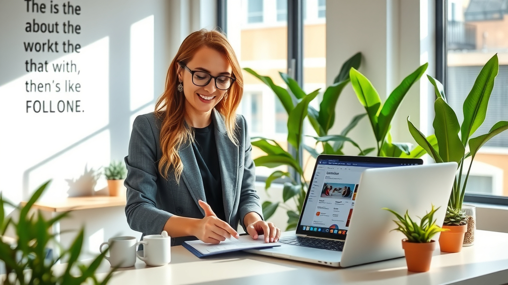 A professional and inviting scene in a bright, modern office space featuring a young woman in her early 30s, dressed in smart casual attire, with a focused yet relaxed expression as she organizes documents on a clean desk surrounded by greenery. Soft natural light streams through large windows, casting gentle shadows and creating a serene atmosphere. The room is adorned with motivational quotes on the walls and stylish office plants, embodying a sense of order and inspiration. A laptop displays a simple automation software interface, symbolizing the theme of efficiency and systems in small business. The overall mood is uplifting and empowering, visually illustrating the journey towards organization and automation in a small business setting.