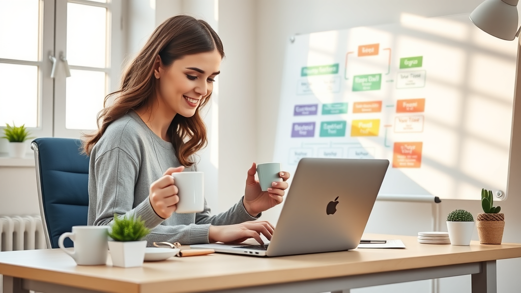 A vibrant scene showcasing a determined woman in her early 30s with a confident smile sitting at a minimalist, well-organized home office desk, efficiently using her laptop set against a backdrop of open windows with bright natural light streaming in. In one hand, she holds a coffee mug while the other gestures towards a clean whiteboard filled with colorful diagrams of organizational flowcharts. The atmosphere is filled with a sense of calm productivity and empowerment, clearly demonstrating the benefits of automation for small business efficiency. Soft, warm colors enhance the inviting mood, and the composition is balanced, capturing the essence of work-life harmony, with a small plant and personal touches adorning the desk.