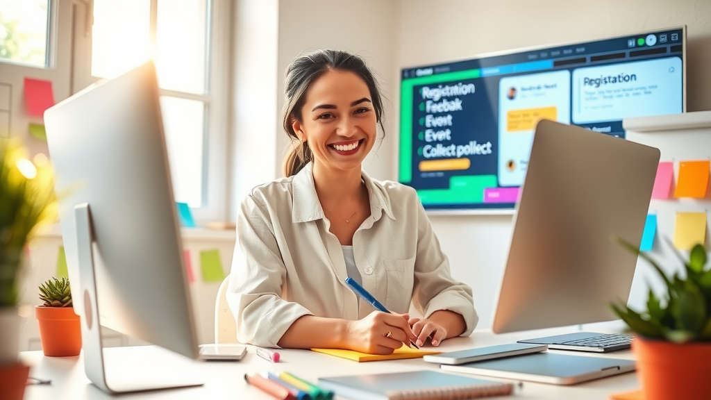 A bright and inviting workspace featuring a cheerful woman in her early 30s, wearing a casual blouse, happily organizing an event on her computer. She is surrounded by plants, colorful stationery, and a whiteboard with colorful notes and timelines. Soft natural light streams in through a window, creating a warm atmosphere. The camera angle is slightly elevated, capturing her focused smile as she writes on a notepad. In the background, a vibrant digital display shows a registration and feedback collection process. The overall mood is stress-free, reflecting joy and productivity in event planning, with bright, uplifting colors.