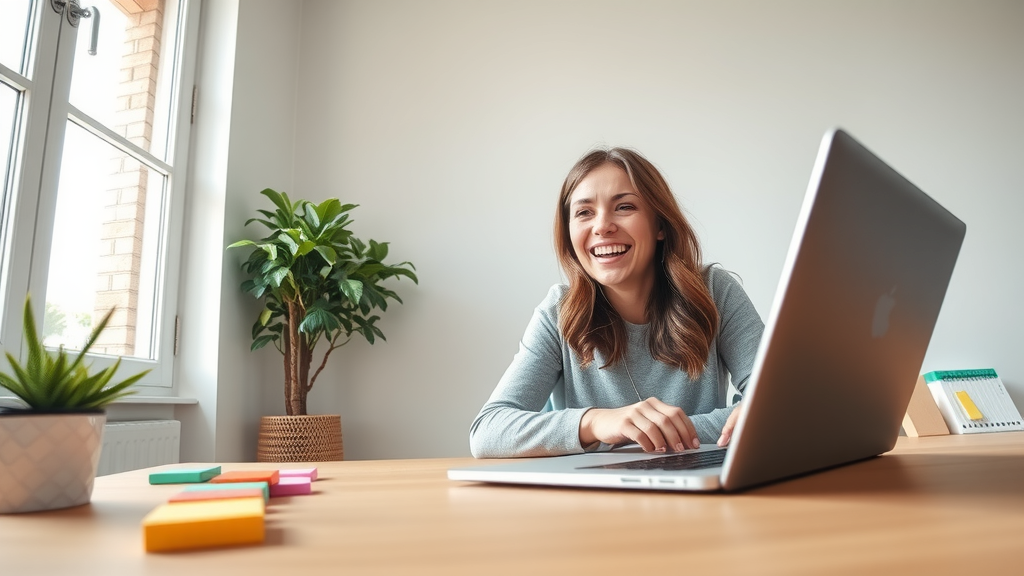 A modern, eye-level shot of a woman in her early 30s with a focused but relaxed smile, working seamlessly on a sleek laptop in a minimalist home office, filled with natural light streaming through a large window. On her desk, an organized array of colorful sticky notes and a small plant adds a touch of warmth. The mood is vibrant and productive, showcasing a harmonious blend of technology and creativity, while an ambient digital interface is subtly visible on the laptop screen, indicating task management integration with Trello and Asana. The atmosphere conveys freedom and empowerment, embodying the joy of simplified project automation.