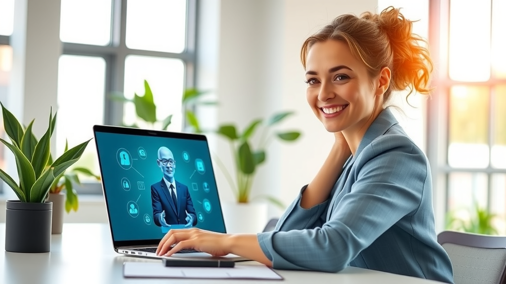 A vibrant and engaging scene showcasing a businesswoman in her early 30s with a friendly smile, sitting at a modern desk with a sleek laptop open, displaying an engaging AI avatar on the screen. The office is sunlit with plants adding a touch of greenery, symbolizing innovation and creativity. Soft natural light filters through large windows, creating a warm and inviting atmosphere. The composition features a close-up of her focused expression as she interacts with the AI, embodying the theme of automation and efficiency. The overall mood is uplifting and forward-thinking, with a color palette of soft blues and greens, reflecting a balance between technology and personal connection.