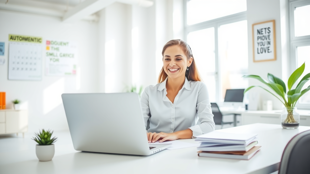 A bright and inviting office space showcasing a woman in her early 30s with an enthusiastic smile as she effortlessly manages digital documents on her laptop. The setting is filled with natural light streaming through large windows, highlighting a clean desk adorned with a small potted plant and neatly organized papers. In the background, a softly blurred scene depicts a wall-mounted calendar and inspirational quotes, contributing to a stimulating atmosphere. The color palette is fresh and airy, featuring soft whites and greens. A sense of calm and empowerment emanates from her relaxed posture, symbolizing the harmony achieved through document automation for her small business. The composition features a slight low angle to capture her joyful expression, creating a motivational vibe that emphasizes efficiency and reduced errors.
