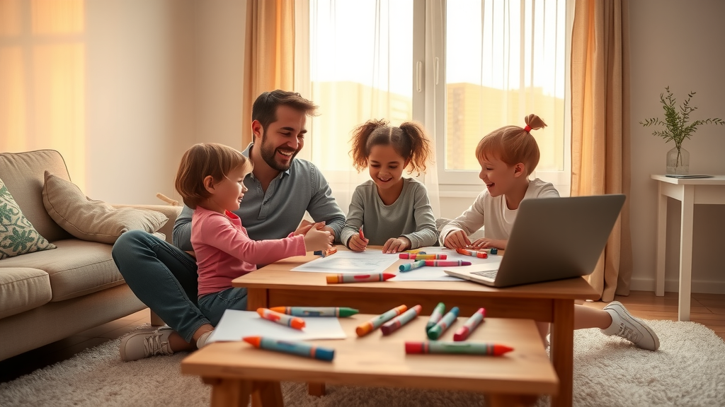 A warm and inviting scene featuring a young couple in their early 30s enjoying a family game night in a cozy, well-lit living room. The husband, with a joyful smile, is sitting cross-legged on the soft carpet, interacting with their two children aged around 5 and 7, who are laughing and playing a board game together. A wooden coffee table is cluttered with half-finished drawings and colorful crayons, emphasizing creativity and togetherness. Soft, golden hour lighting streams through the large window adorned with light sheer curtains, casting a peaceful glow over the room. In the background, a clean, minimalist workspace is visible, featuring a laptop and a potted plant, representing the harmonious integration of technology into family life. The overall mood is vibrant and uplifting, embodying joy, connection, and the fulfillment of a balanced family life.