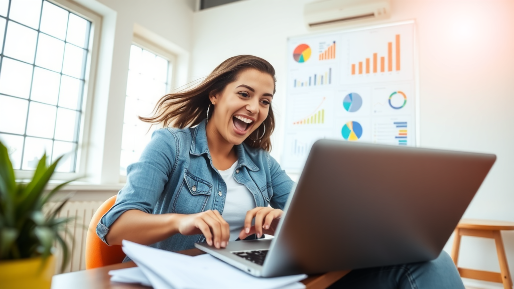 A dynamic scene showcasing a young woman in her late 20s, dressed casually in a bright, airy office space with technological elements around her. She is enthusiastically analyzing data on a sleek laptop, with a look of joy and empowerment on her face. Sunlight streams through large windows, creating a warm and inviting atmosphere. In the background, a whiteboard with colorful charts and plans for marketing strategies is visible, symbolizing creativity and innovation. The color palette is fresh and vibrant, evoking a sense of motivation and positivity. The composition is an eye-level shot highlighting her engagement with her work and the seamless integration of technology in her life, embodying freedom and growth in her career.