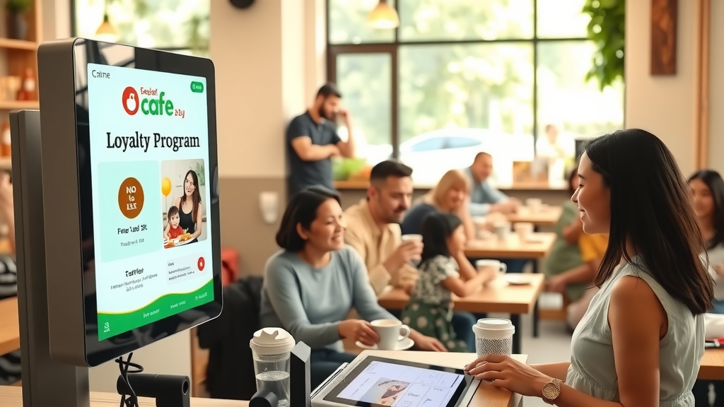 A vibrant and engaging image of a busy café interior, showcasing a young woman in her early 30s with an enthusiastic smile, interacting with customers at a sleek counter. In the foreground, a digital screen displays an attractive loyalty program offer, filled with colorful graphics and clear text. The café is bustling with diverse patrons enjoying their drinks and meals, emphasizing a warm, inviting atmosphere. Soft natural light streams in through large windows, creating a cheerful ambiance. The background features tables with happy families and friends, sharing laughter and conversation over coffee. The color palette includes warm tones of beige and green, enhancing feelings of comfort and community. This photorealistic scene captures the essence of a thriving retail environment, demonstrating the effectiveness of automation and customer engagement in increasing sales.