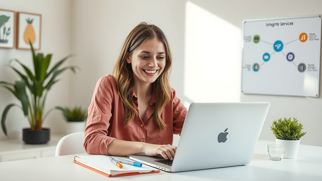 A visually engaging scene of a young woman in her late 20s with a bright smile, sitting at a minimalist workspace with a laptop open in front of her, immersed in an online tutorial about integrating services, soft natural light streaming in through a nearby window. The room features indoor plants and a clean desk with a notepad and colorful markers, suggesting creativity and organization. The atmosphere is calm yet vibrant, reflecting the excitement of learning and the empowerment of no-code solutions. In the background, a wall with visual diagrams of integrations adds a touch of technical sophistication. The composition captures a sense of freedom and potential in how technology can simplify and enhance personal productivity, showcasing the joy of discovering new skills.