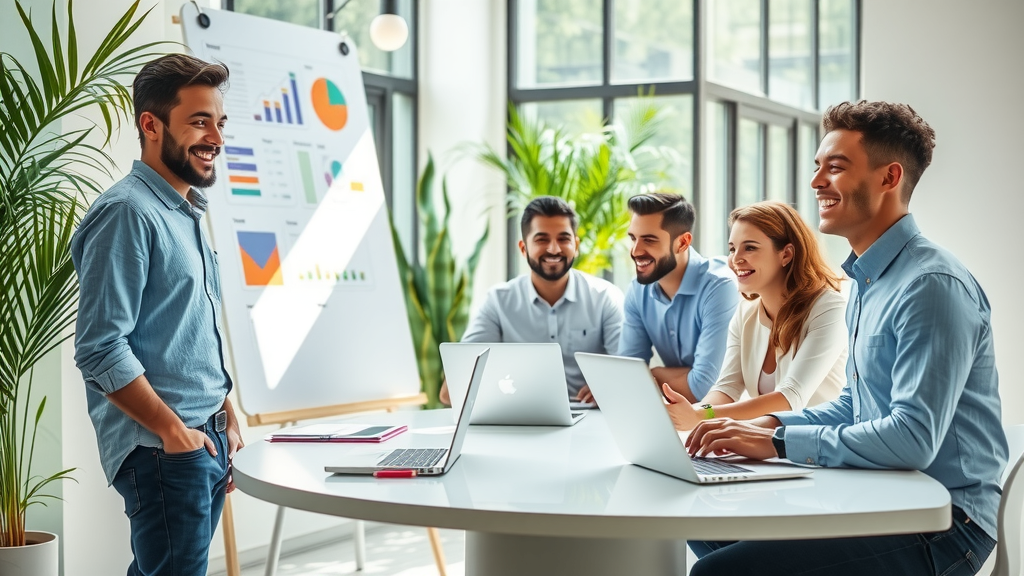 A dynamic and engaging scene featuring a group of diverse professionals in their 30s, smiling and collaborating in a bright, modern office space with plants and natural light flooding in. One individual is standing by a whiteboard filled with colorful diagrams and ideas, while others are gathered around a sleek conference table with laptops open, actively discussing and laughing together. The atmosphere is filled with a sense of excitement and focus, highlighting the joy of teamwork and innovation. The lighting is bright daylight, creating a vibrant and energizing mood, while the color palette includes fresh greens and warm neutrals. The composition captures the essence of collaboration and efficiency, symbolizing a positive transformation in business operations.