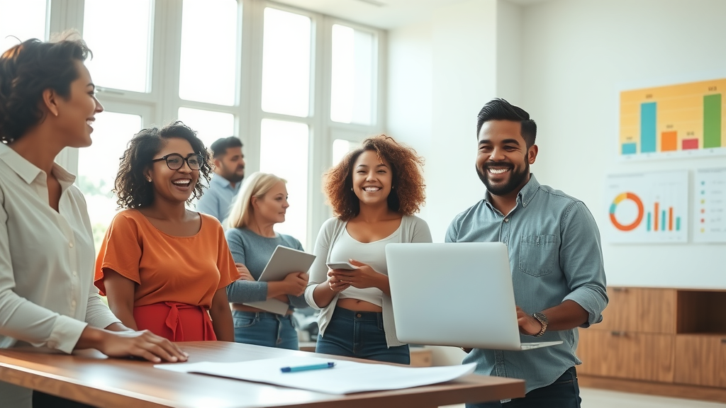 A serene and enlightening scene depicting a diverse group of individuals in their early 30s, joyfully engaging in a discussion about quality of life metrics in a vibrant, well-lit community center. The individuals, including a woman with curly hair in a bright dress and a man in casual attire with a laptop open in front of him, wear expressions of excitement and curiosity. Natural light streams in through large windows, creating a warm and inviting atmosphere. Colorful charts and visuals are displayed on a nearby wall, emphasizing non-financial metrics of well-being and automation's role. The composition uses an eye-level angle to capture genuine emotions and interactions, fostering a sense of togetherness and empowerment. The overall mood is uplifting, filled with hope and a sense of community growth.