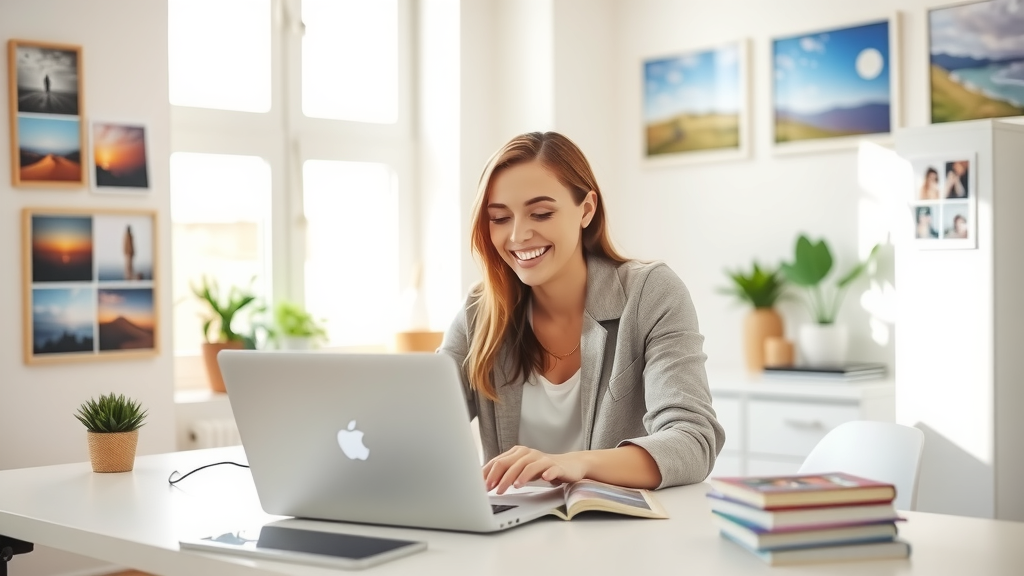 A dynamic shot of a young woman in her late 20s, casually dressed in modern, stylish attire, joyfully working on her laptop in a bright, minimalist home office. She is smiling and focused, with various colorful prints displayed on the walls around her, showcasing her photography work. Soft natural light filters in through a large window, casting a warm glow across the room. On her desk, there is a potted plant and an organized stack of photographs, symbolizing her efficient use of automation in her photography business. The atmosphere conveys a sense of freedom and work-life balance, showcasing her ability to save time and enjoy her creative passion.