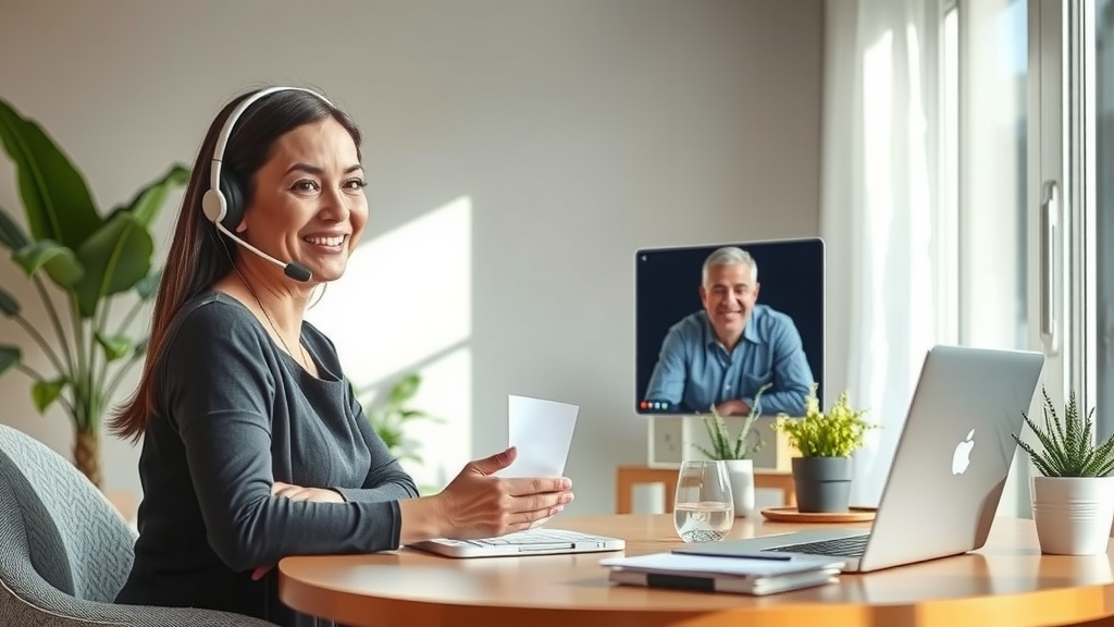 A warm and inviting scene showing a customer service representative, a woman in her early 30s with a friendly expression, sitting at a stylish desk in a cozy, well-lit office. She is engaged in a conversation with a middle-aged man on a video call, both showing genuine smiles, creating a sense of connection. The setting features soft natural light streaming through a large window with potted plants nearby, reflecting tranquility and warmth. In the background, there are elements that suggest a balance between technology and personal touch, like a sleek laptop and handwritten notes. The color palette is fresh and airy, with light greens and soft blues, evoking a mood of calmness and authentic communication in client care.