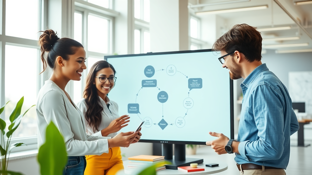 A bright and inspiring scene depicting a diverse group of three professionals in a modern office space, engaged in a collaborative discussion around a large screen displaying a seamless workflow diagram. The individuals, two women and one man in their 30s, wear smart casual attire and have expressions of enthusiasm and focus. The office is filled with natural light streaming through large windows, with plants and minimalist decor adding a sense of calmness and creativity. The color palette is vibrant, featuring greens and blues that evoke energy and innovation. The camera angle captures the team in a dynamic composition, emphasizing cooperation and the effective integration of technology in optimizing business processes.