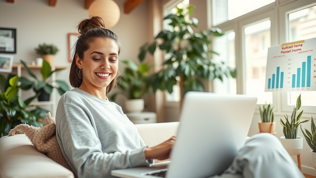 An inspiring scene depicting a woman in her early 30s with a joyful smile, sitting comfortably in a stylish home office filled with plants and natural light streaming in through large windows. She is peacefully working on her laptop, engaged in the process of automating her business tasks. In the background, a chart showcasing growth and passive income is pinned to the wall, emphasizing her success. The room reflects a harmonious work-life balance, with soft pastel colors creating a calm and inviting atmosphere. The composition captures an eye-level angle focusing on her vibrant expression of satisfaction and empowerment, symbolizing freedom through delegation and automation.