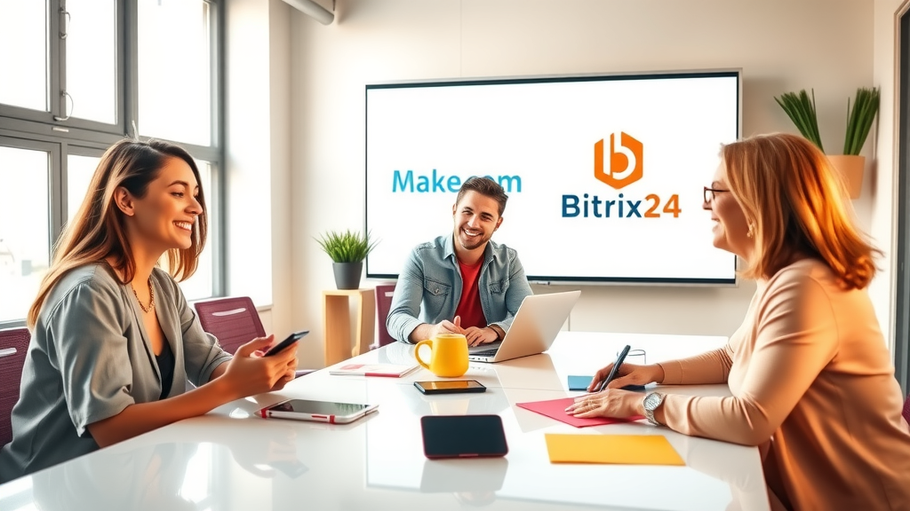 A bright and inviting office environment showcases a diverse group of three new employees, a woman in her early 30s with a friendly smile, a young man in his mid-20s looking engaged, and a middle-aged woman exuding warmth, all actively participating in a collaborative onboarding session. The atmosphere is filled with positive energy, natural light streaming through large windows, illuminating a sleek conference table adorned with modern tech gadgets and colorful notepads. The camera angle is slightly elevated, capturing the lively discussion and interaction among them, with a vibrant color palette that evokes feelings of enthusiasm and teamwork. In the background, a large screen displays the Make.com and Bitrix24 logos, visually reinforcing the theme of HR automation, while a potted plant adds an element of nature to the serene workspace, symbolizing growth and new beginnings. The overall mood is uplifting, emphasizing a harmonious integration of technology and human connection in the onboarding process.