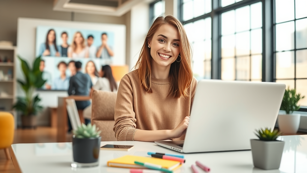 A vibrant scene in a stylish, modern office space featuring a smiling young woman in her late 20s with shoulder-length brown hair, wearing a casual yet chic outfit, working on her laptop while engaging in a video call with a diverse group of influencers displayed on the screen. The environment is bright and airy with large windows allowing soft natural light to flood in, creating a warm and inviting atmosphere. In the foreground, there are decorative plants and colorful stationery scattered on a sleek desk, symbolizing creativity and organization. The mood is positive and energetic, showcasing harmony between technology and personal interaction in influencer marketing. The composition is eye-level, capturing both the woman and the computer screen with smiling faces, evoking excitement and connection.