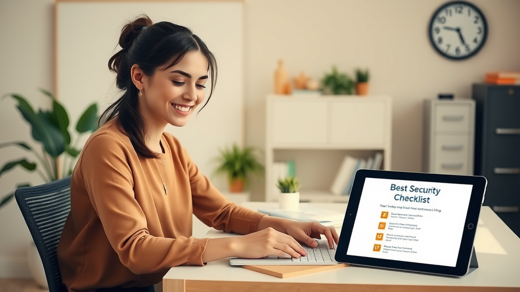 A focused scene of a young professional woman in her early 30s with a friendly smile, sitting at a modern desk in a well-lit home office, surrounded by technology. She is keenly reviewing documents on her laptop, demonstrating best practices for data security. The workspace is organized and minimalist, with a potted plant and a secure filing cabinet in the background. Soft natural light fills the room, creating an inviting atmosphere, while a wall clock subtly shows the time, emphasizing work-life balance. In the foreground, a tablet displays a digital security checklist, symbolizing the integration of technology in protecting client data. The overall mood is calm, productive, and empowering, showcasing the importance of confidentiality and customer trust.